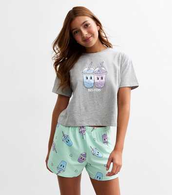 Girls Grey Bubble Tea Print Short Pyjama Set 