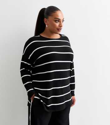 Curves Black Soft Touch Striped Long Sleeve Top