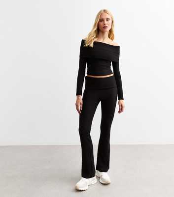 Black Soft Rib Foldover Flared Trousers