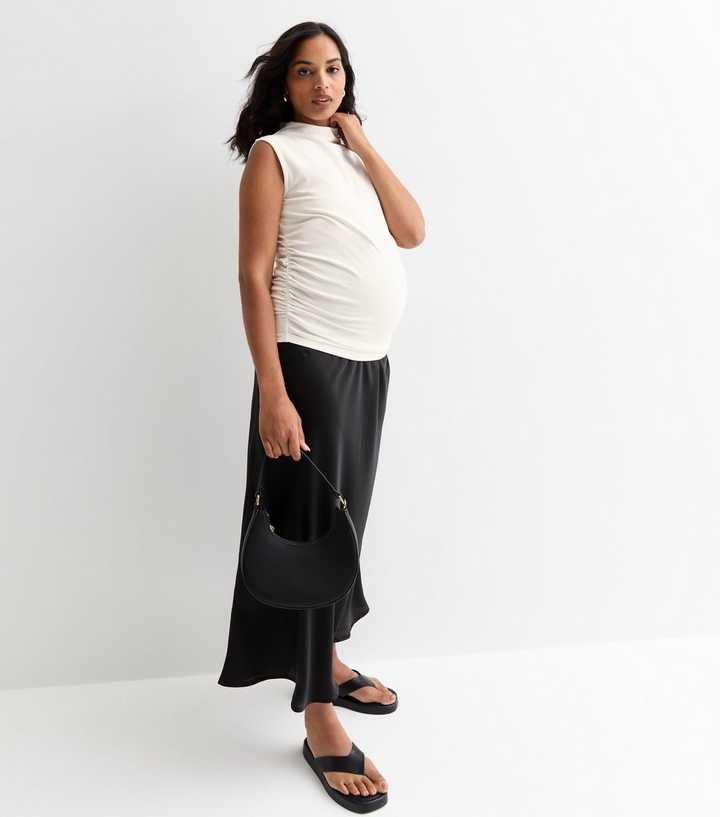 Maternity White Ruched Cotton-Blend Sleeveless T-Shirt