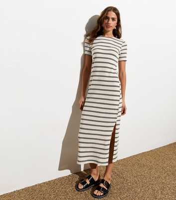 White Stripe Short Sleeve Split Hem Midi Dress