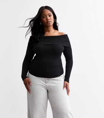 Curves Black Ribbed Bardot Jumper