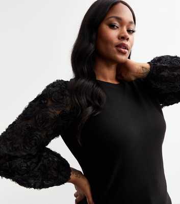 Curves Black Rose Sleeve Fine Knit Top