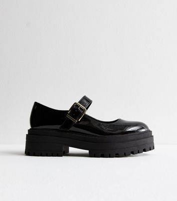 Black Patent Leather Look Chunky Mary Jane Shoes