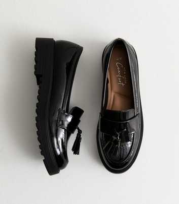 Black Tasseled Faux Patent Leather Chunky Loafers