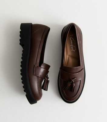 Brown Tasseled Faux Leather Chunky Loafers