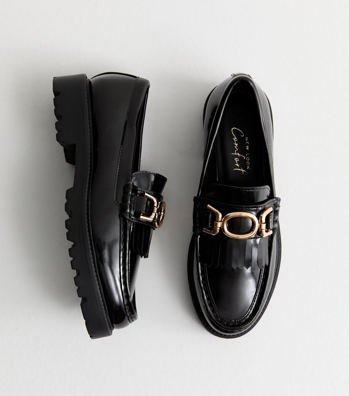 Women's Black Patent Leather-Look Tassel Trim Loafers New Look