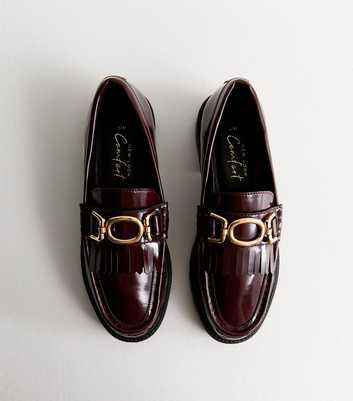 Burgundy Patent Leather-Look Tassel Trim Loafers