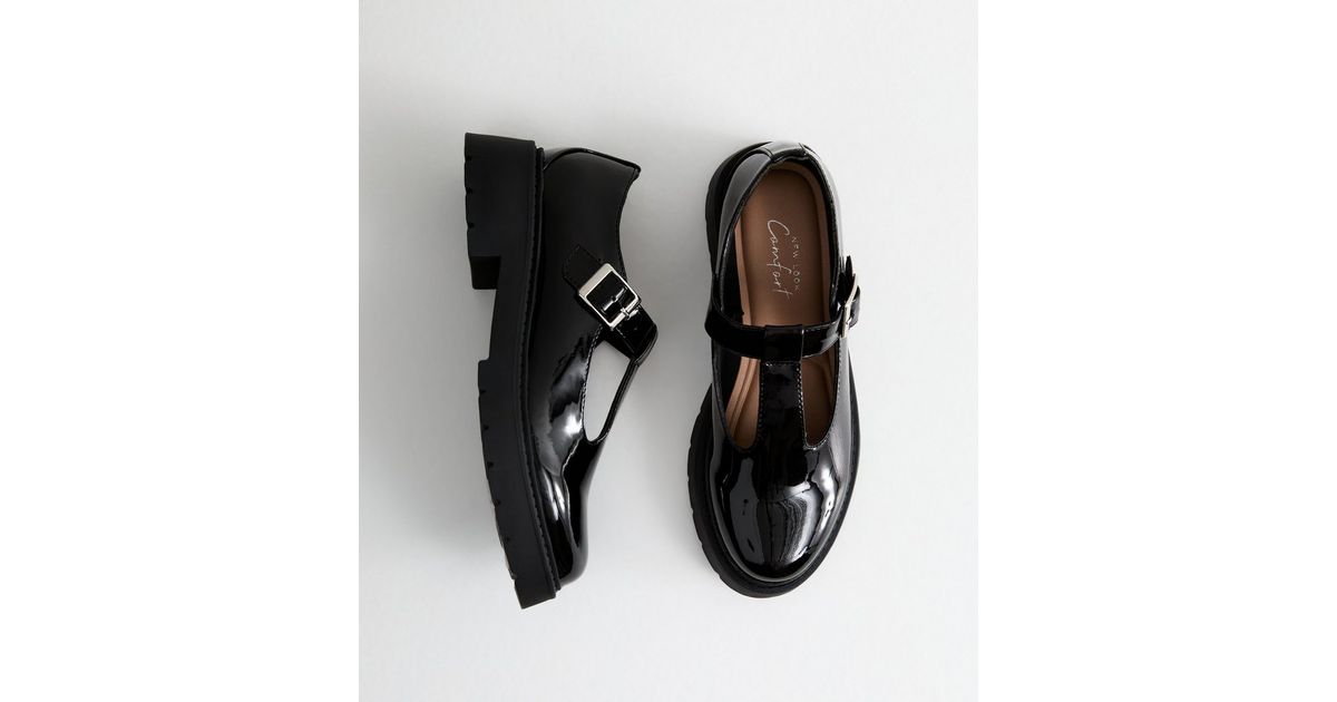 asos black t bar shoes size Black Chunky T-Bar Leather-Look Shoes New Look