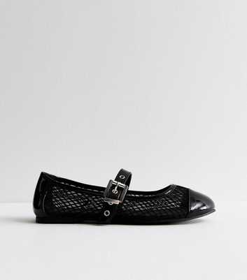 Wide Fit Black Mesh Buckle Ballet Pumps 