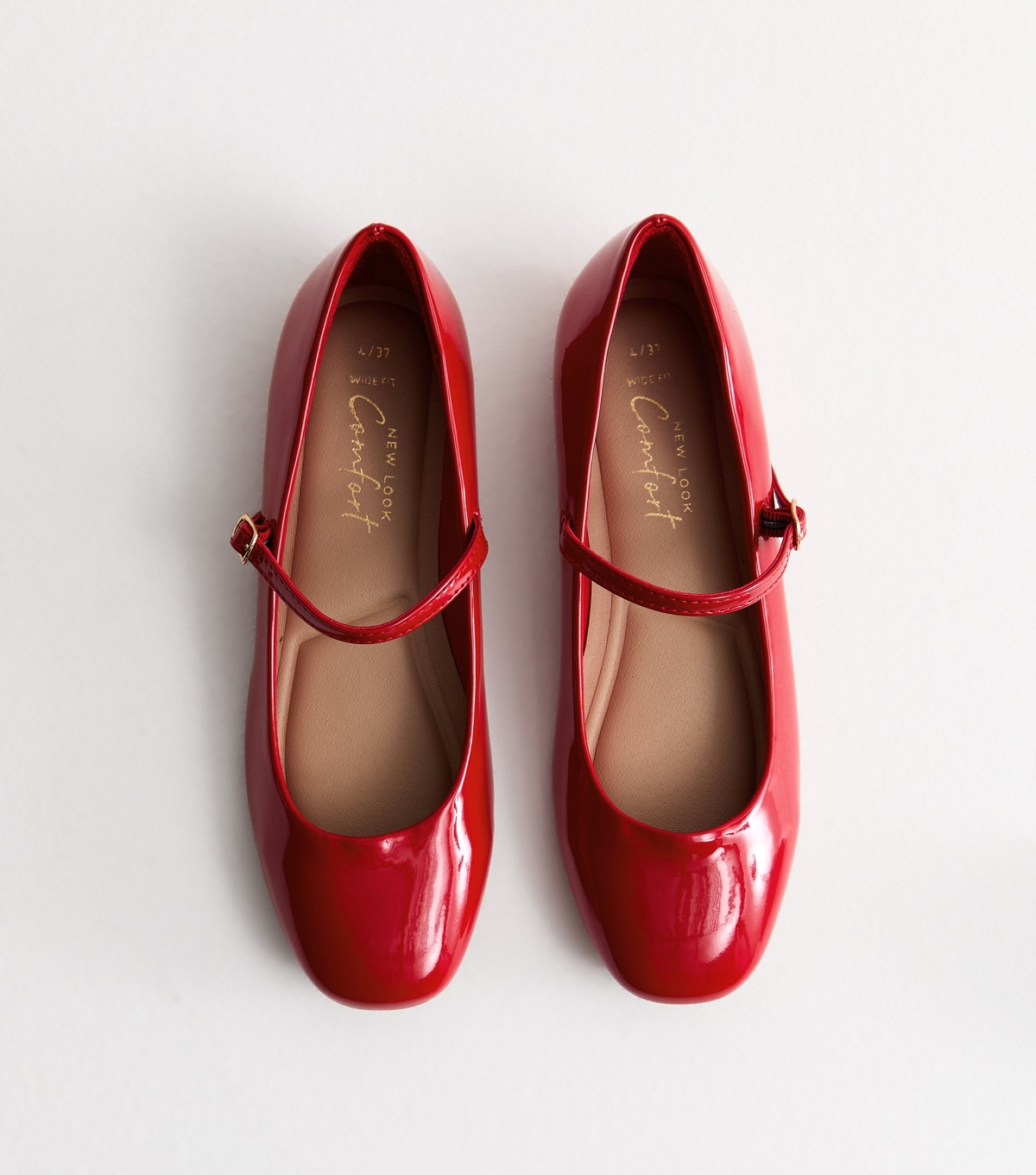 Women's Wide Fit Red Patent Mary Jane Strappy Ballerina Pumps New Look