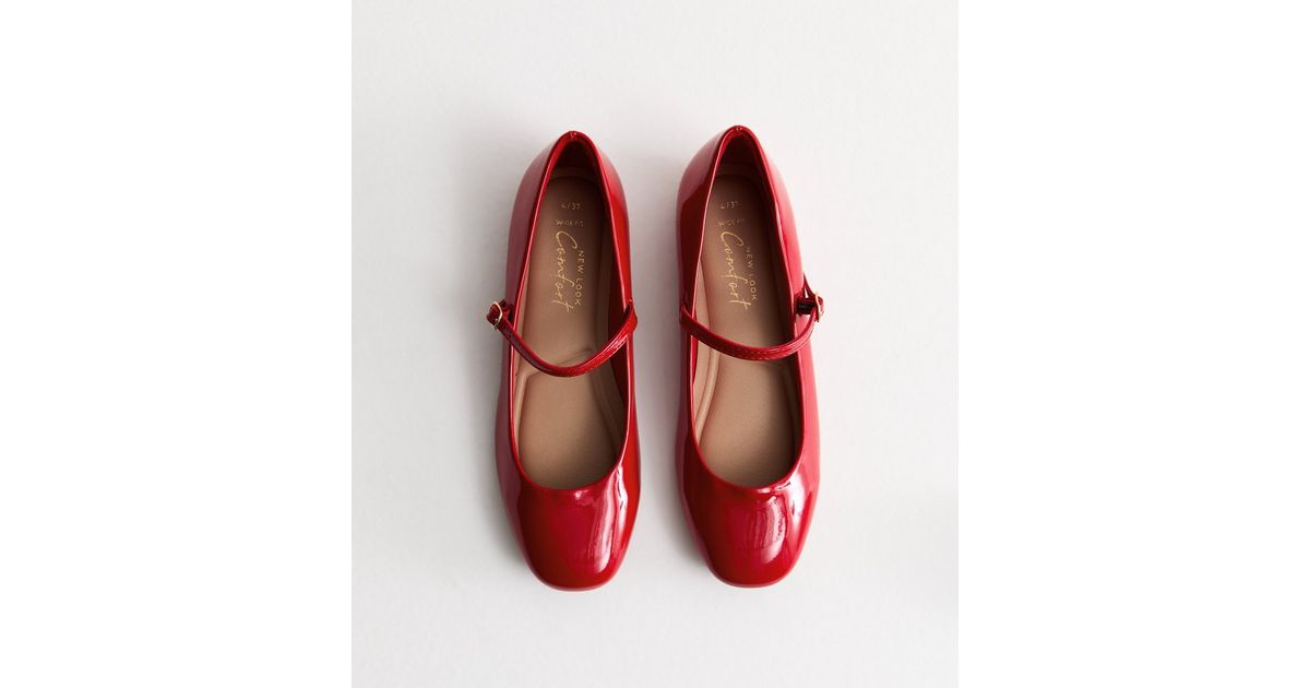 Wide Fit Red Patent Mary Jane Strappy Ballerina Pumps New Look
