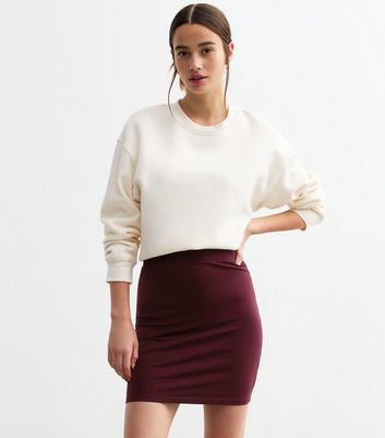 Burgundy Cotton Blend Slim Fit Mini Tube Skirt New Look