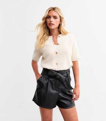 Petite Black Leather-Look Tie Waist Shorts 