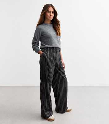 Petite Grey Pinstriped Wide Leg Tailored Trousers