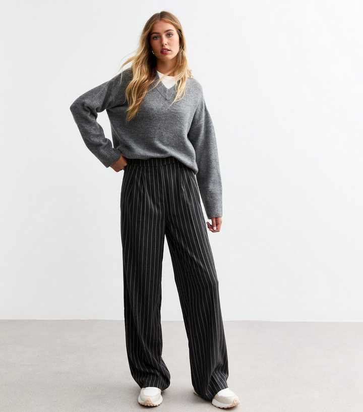 Tall Grey Pinstripe Wide Leg Trousers