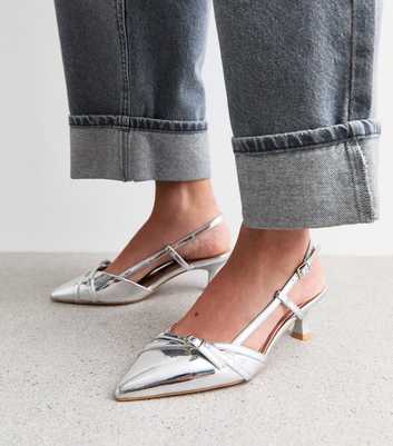 Wide Fit Silver Buckle Slingback Fluted Heel Sandals