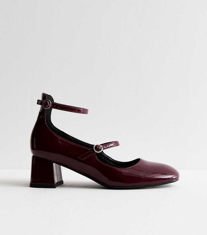 Burgundy Leather-Look Block Heel Mary Jane Shoes
