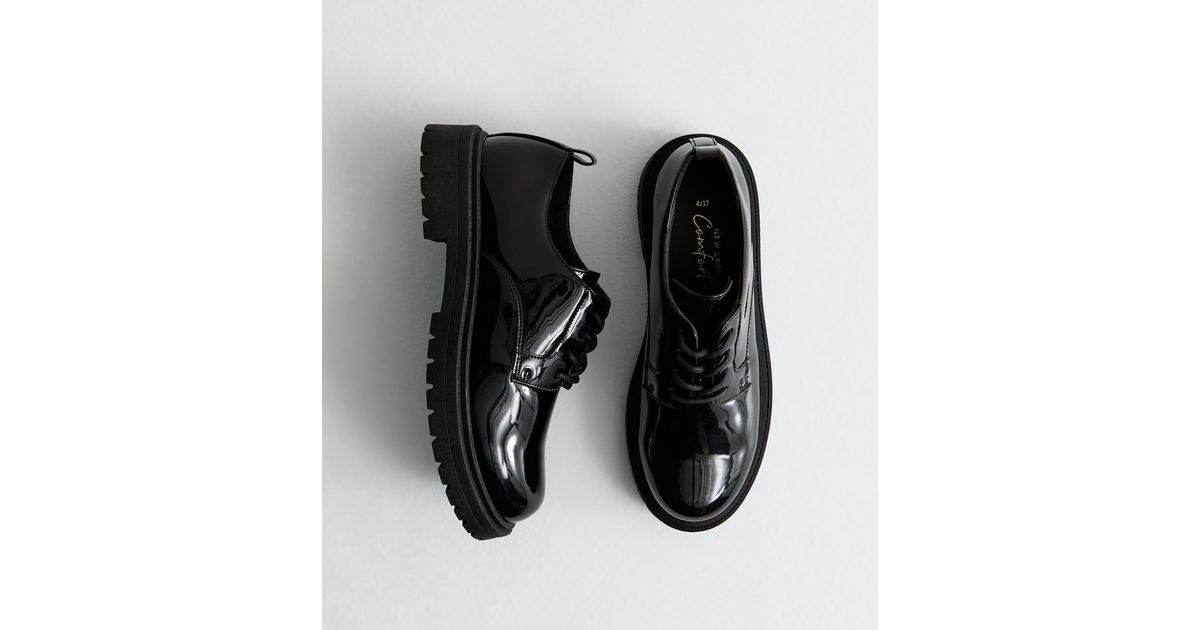 Black Patent Leather-Look Chunky Lace Up Shoes New Look