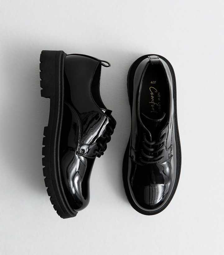 Black Patent Leather-Look Chunky Lace Up Shoes