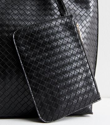 Black Leather Look Woven Tote Bag and Pouch New Look