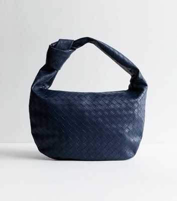 Navy Leather-Look Weave Shoulder Bag