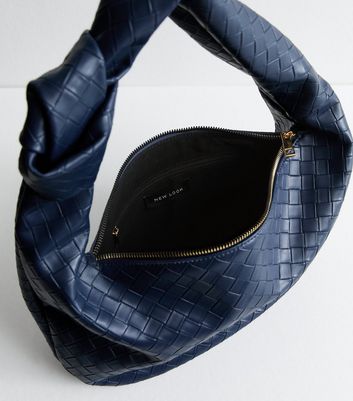 Navy Leather Look Weave Shoulder Bag New Look