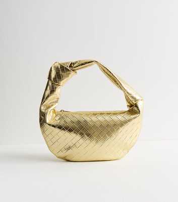 Gold Woven Leather Look Mini Top Handle Bag