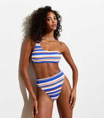 Multicoloured Stripe Textured High-Waisted Bikini Bottoms 