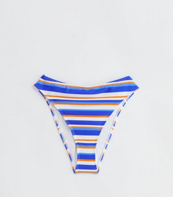 Multicoloured Stripe Textured High-Waisted Bikini Bottoms New Look