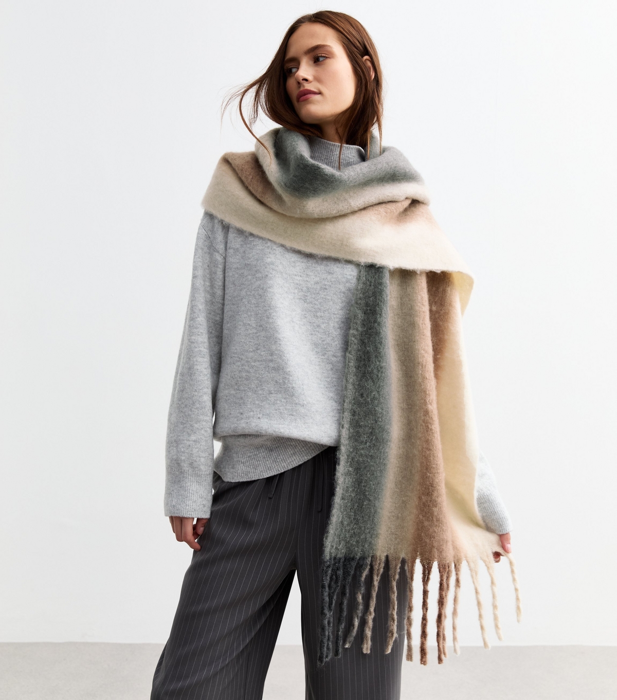 Brown Soft Knit Striped Scarf New Look