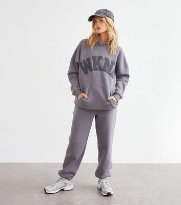 WKNDGIRL Dark Grey Oversized Logo Hoodie New Look