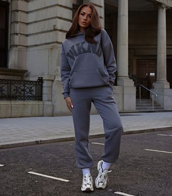 WKNDGIRL Dark Grey Oversized Logo Joggers New Look