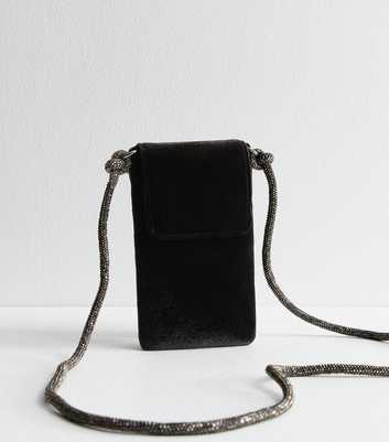 Black Velvet Diamanté Strap Phone Bag