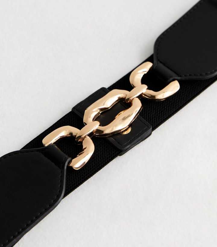 LINK BUCKLE STRETCH BELT Faux Leather Fabric Stretch Belt With Silver Tone Wide Chain  main image 3
