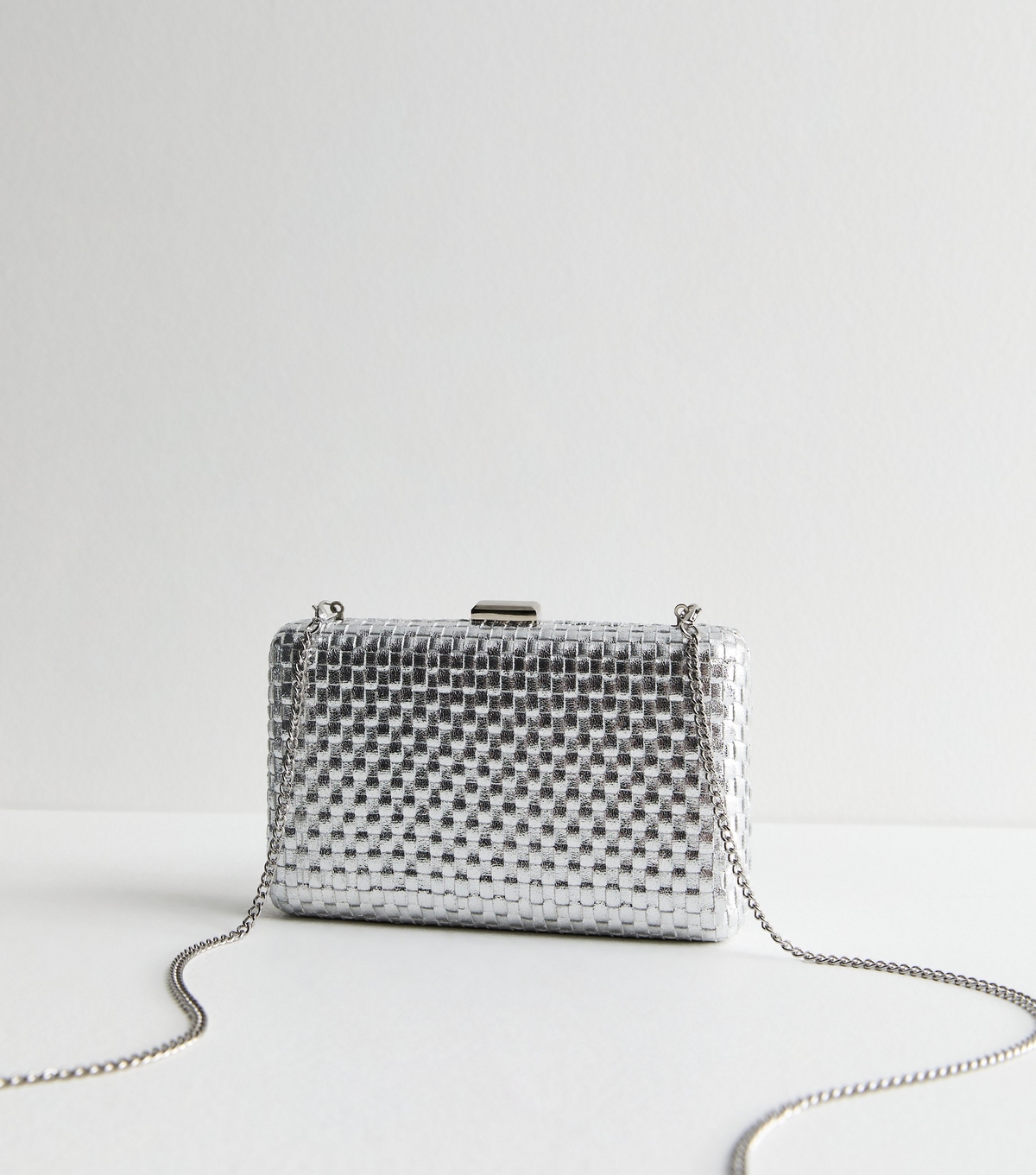 Silver Woven Box Clutch Bag New Look