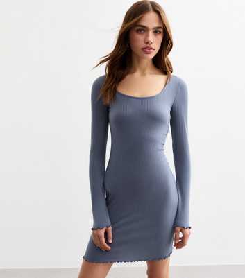 Blue Scoop Neck Ribbed Mini Dress