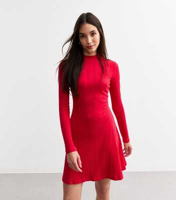 Red Ribbed Long Sleeve Skater Mini Dress