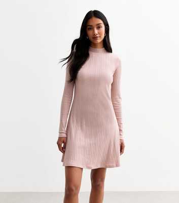 Pale Pink Ribbed Long Sleeve Skater Mini Dress