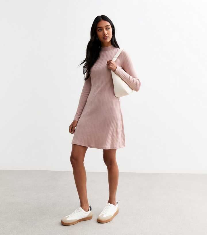 light pink long sleeve skater dress Satin Plunging Belted Skater Dress In LIGHT PINK