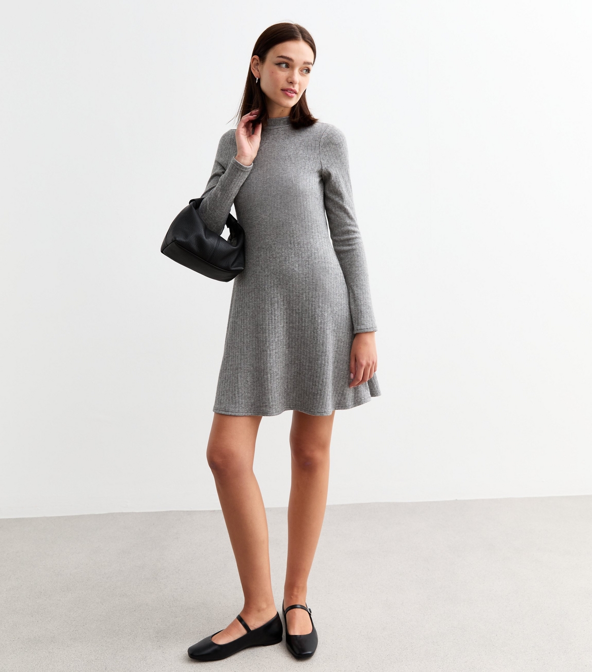 Women's Grey High Neck Brushed Jersey Mini Skater Dress New Look