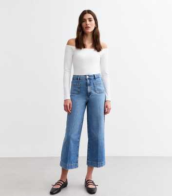 Blue Patch Pocket Crop Wide Leg Jeans