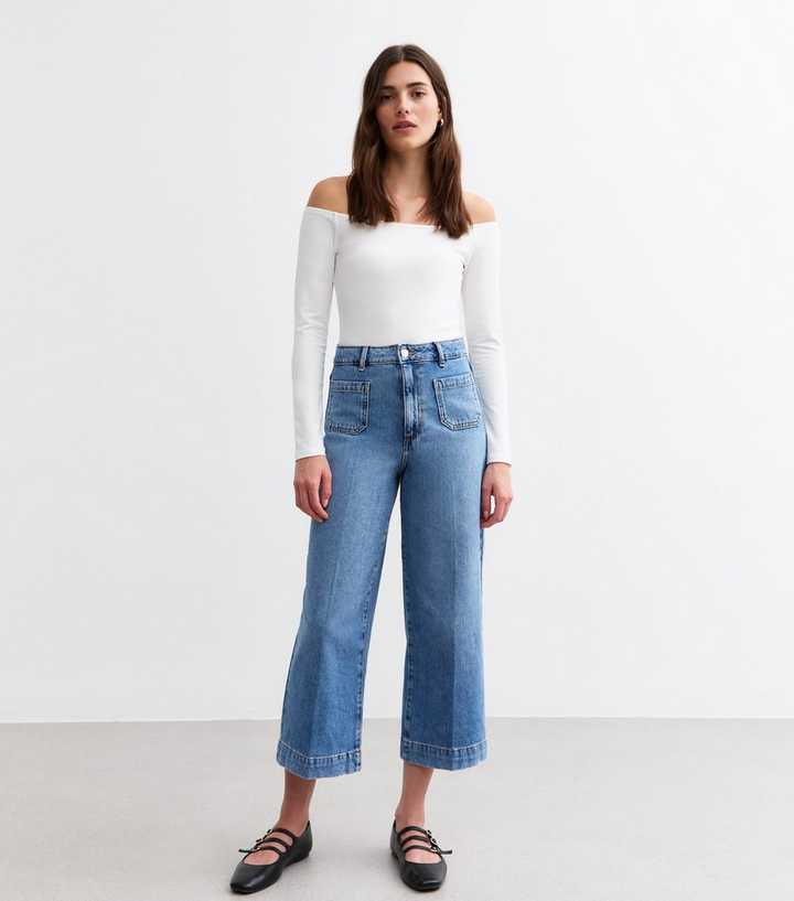 Blue Patch Pocket Crop Wide Leg Jeans