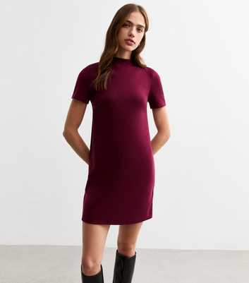 Burgundy High Neck Short Sleeve Mini Dress