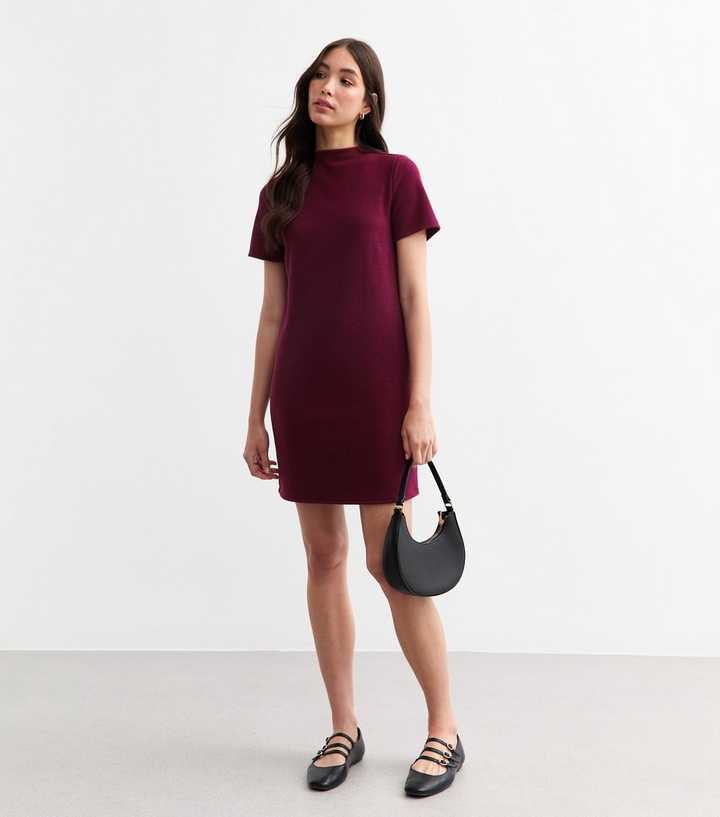 Burgundy High Neck Short Sleeve Mini Dress | New Look