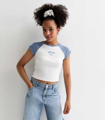 Girls Blue Embroidered New York Slogan Cap Sleeve T-Shirt