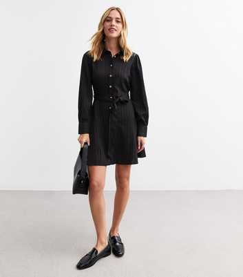 Black Belted Crinkled Mini Shirt Dress