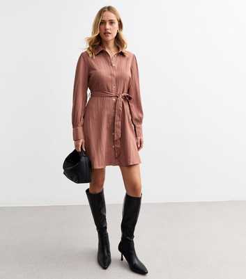 Pink Belted Crinkled Mini Shirt Dress