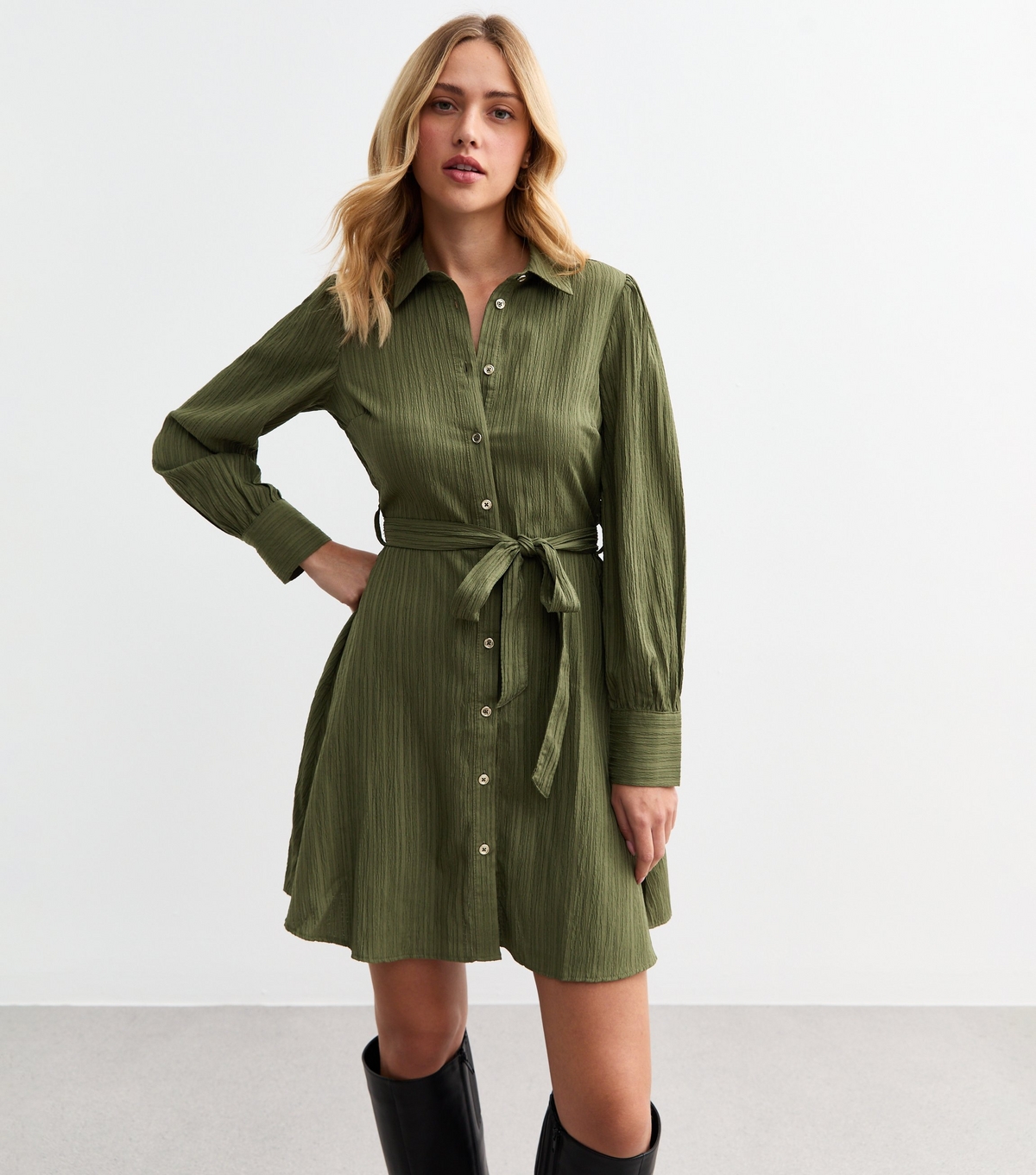 Women's Khaki Belted Crinkled Mini Shirt Dress New Look