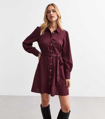 Burgundy Belted Crinkled Mini Shirt Dress